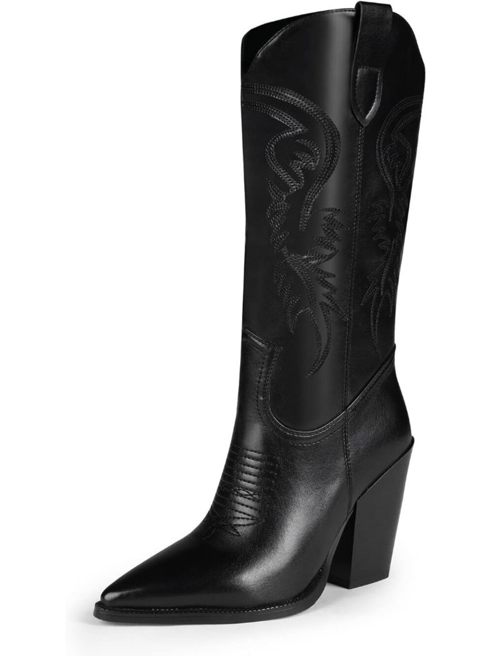 Women's Black Equestrian Chunky Heel Pointed Toe Zipper Knee High Cowgirl Boots